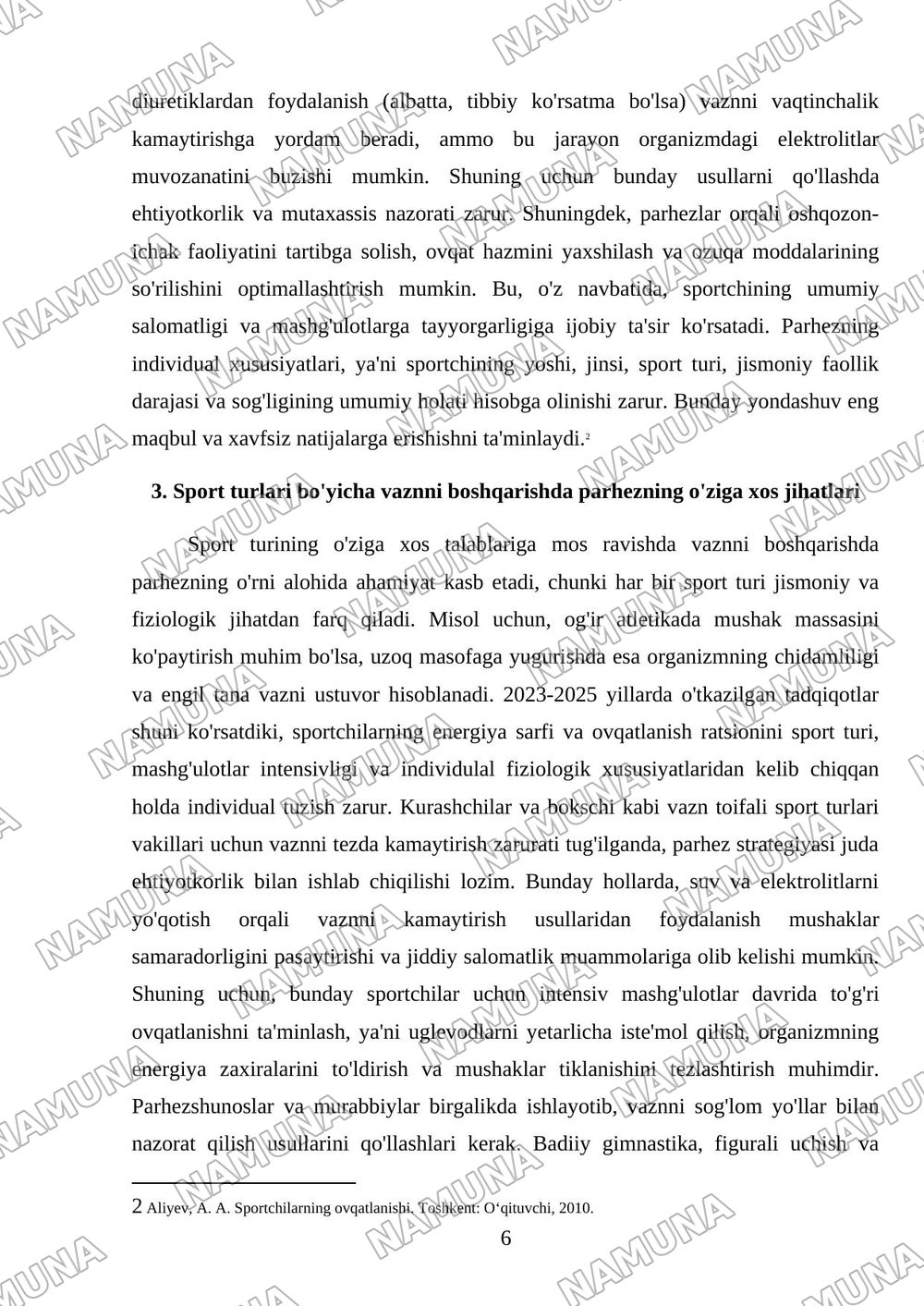 Sportda tana vaznini to'g'rilash uchun parhez muolajalaridan foydalanish — mustaqil ish, 6-varaq