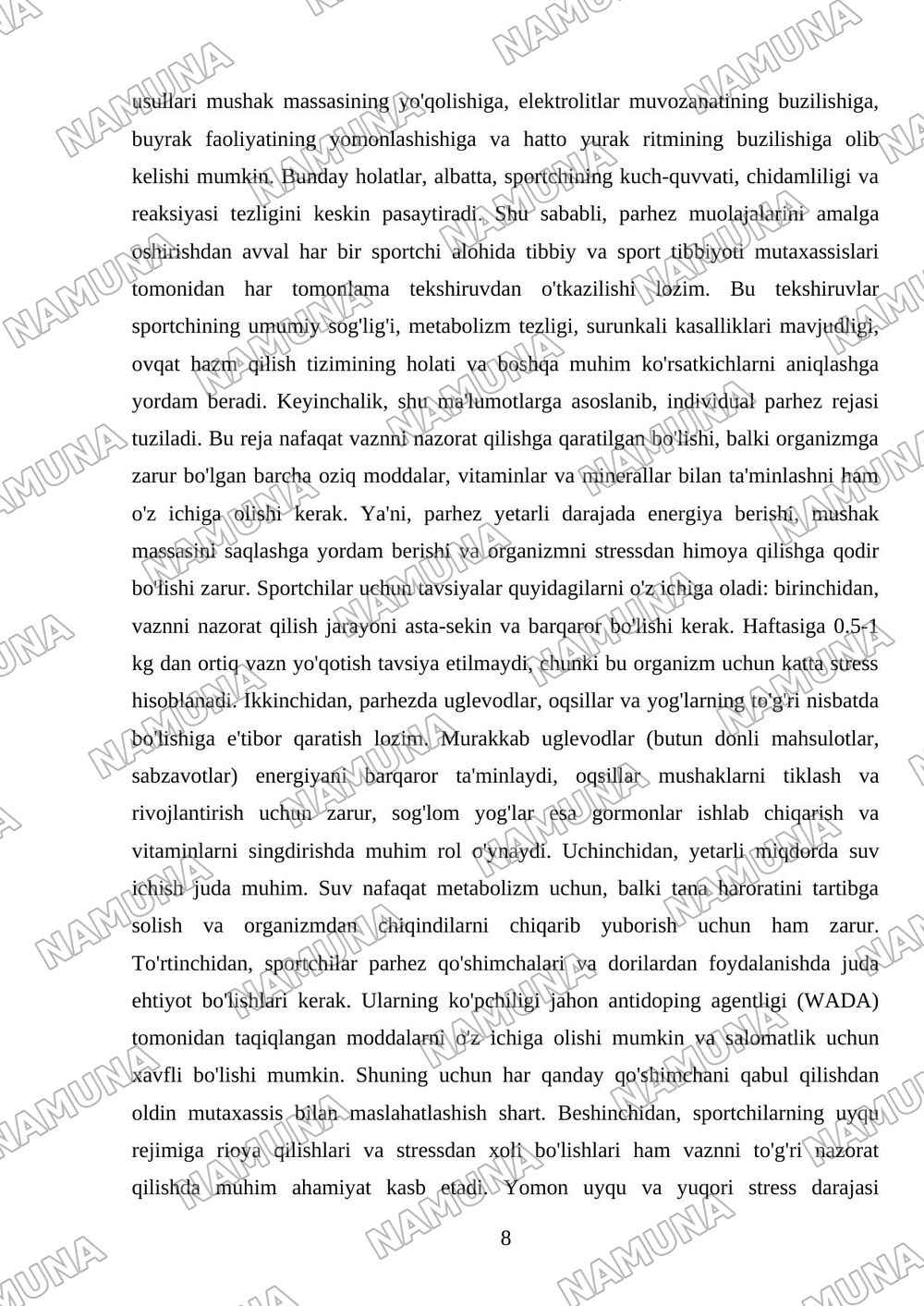 Sportda tana vaznini to'g'rilash uchun parhez muolajalaridan foydalanish — mustaqil ish, 8-varaq