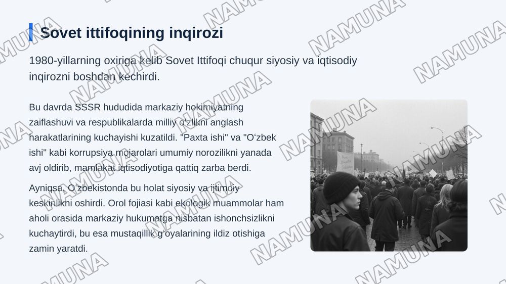 Mustaqillikka erishish arafasida Oʻzbekistondahi ijtimoiy-siyosiy jarayonlar — zamonaviy taqdimot, 3-slayd