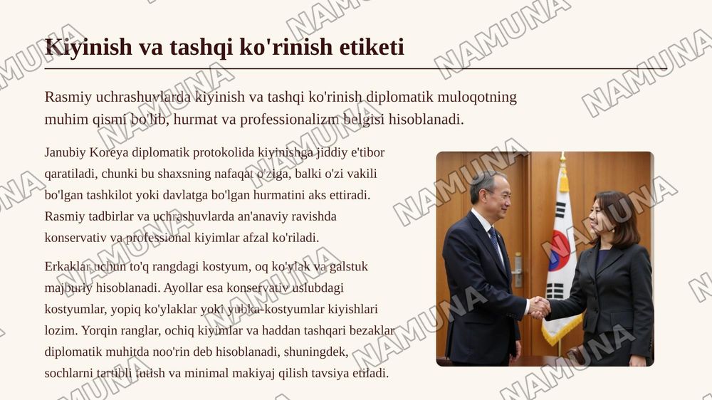 Janubiy Koreya diplomatik protokol va etiketi to'g'risida prezentatsiya — zamonaviy taqdimot, 7-slayd