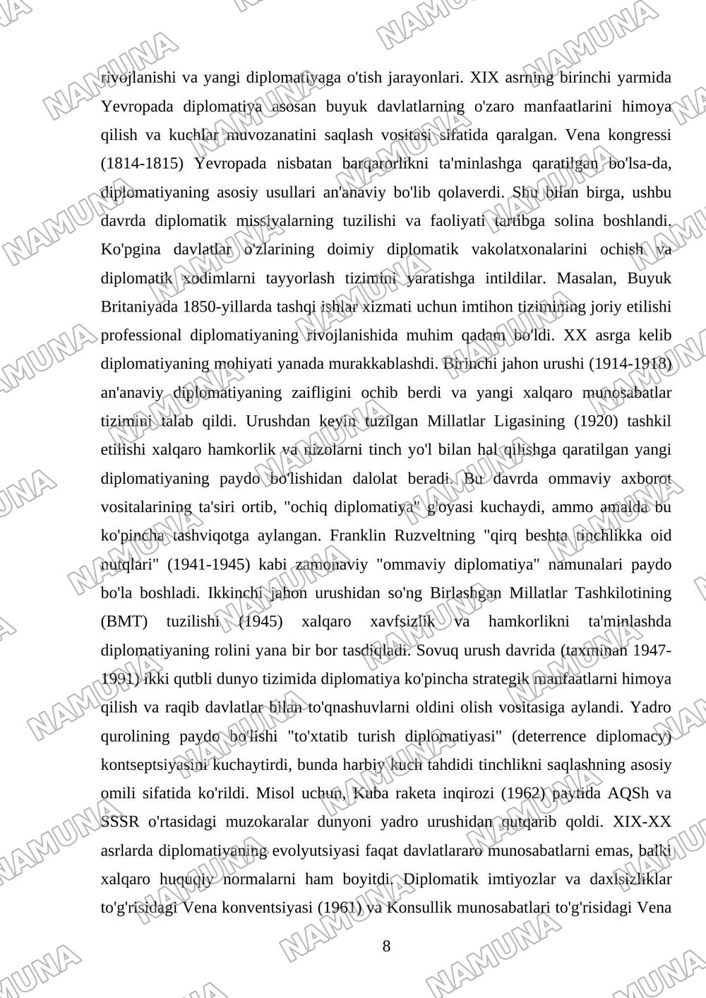 Diplomatiya va diplomatik xizmat tarixi — mustaqil ish, 8-varaq