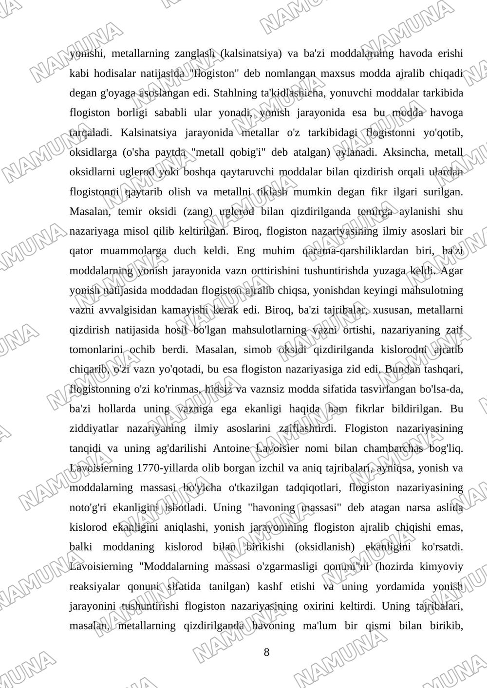 Flogiston nazariyasining mohiyati va tarixiy ahamiyati — mustaqil ish, 8-varaq