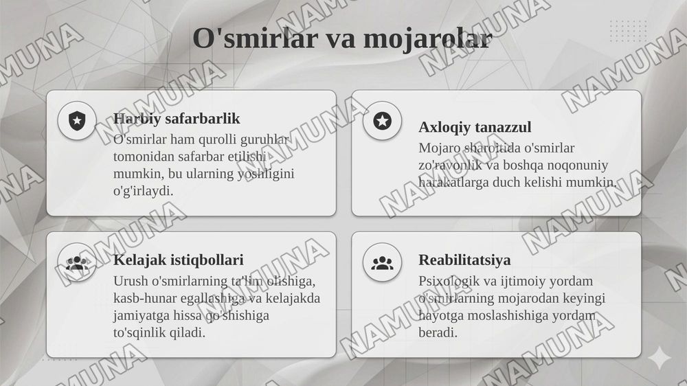 Qurolli monarolarda bolalar,o'smirlar va ayollarni himoya qilish — taqdimot, 6-slayd