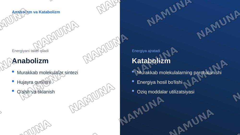 Biokimyo tani va uning vazifasi bilan tanishtirish. Moddalar almashinuviga kirish. Metabolizm Tog'risida tushuncha. Ovgatlanish biokimyosi — zamonaviy taqdimot, 5-slayd