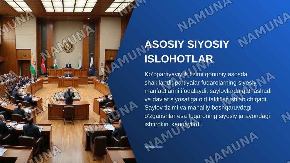 O‘ZBEKISTONDA DEMOKRATIK, FUQAROLIK JAMIYATI ASOSLARINING SHAKLLANISHI VA AMALGA OSHIRILGAN SIYOSIY ISLOHOTLAR — zamonaviy taqdimot, 8-slayd