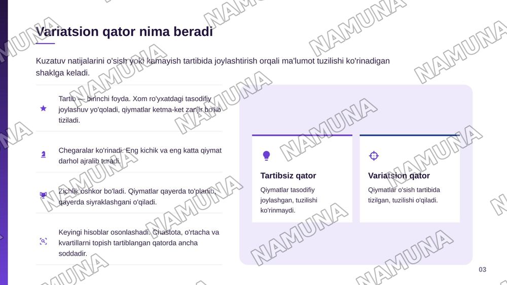 Ma'lumotlarni tavsiflash va ularni sodda tahlil metodlari. Tayanch tushunchalar: Variatsion qator tushunchalari. Variatsion qatorni tavsiflash. Limit ranjirofka media na modda va kvartillar. Natijalarni grafik usulda taqdim etish — zamonaviy taqdimot, 4-slayd