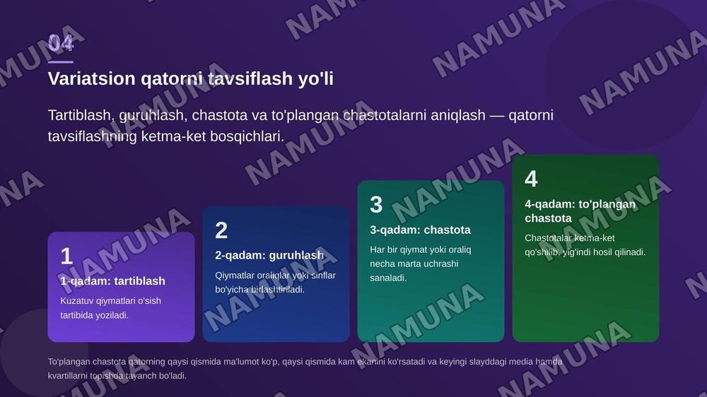 Ma'lumotlarni tavsiflash va ularni sodda tahlil metodlari. Tayanch tushunchalar: Variatsion qator tushunchalari. Variatsion qatorni tavsiflash. Limit ranjirofka media na modda va kvartillar. Natijalarni grafik usulda taqdim etish — zamonaviy taqdimot, 5-slayd