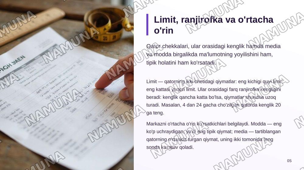 Ma'lumotlarni tavsiflash va ularni sodda tahlil metodlari. Tayanch tushunchalar: Variatsion qator tushunchalari. Variatsion qatorni tavsiflash. Limit ranjirofka media na modda va kvartillar. Natijalarni grafik usulda taqdim etish — zamonaviy taqdimot, 6-slayd