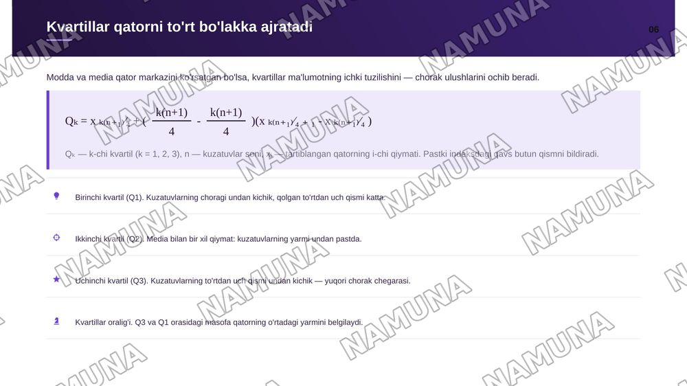 Ma'lumotlarni tavsiflash va ularni sodda tahlil metodlari. Tayanch tushunchalar: Variatsion qator tushunchalari. Variatsion qatorni tavsiflash. Limit ranjirofka media na modda va kvartillar. Natijalarni grafik usulda taqdim etish — zamonaviy taqdimot, 7-slayd