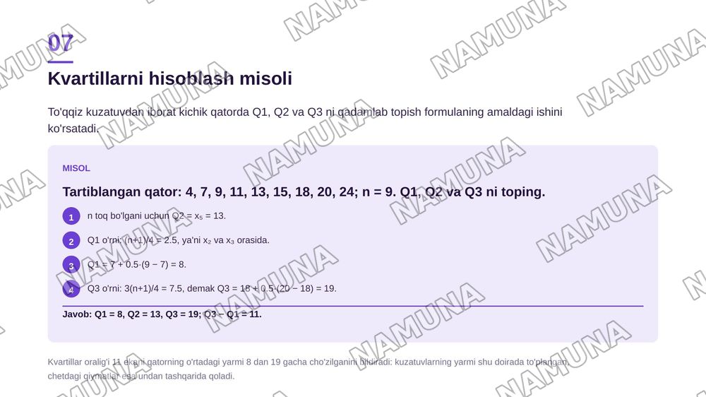 Ma'lumotlarni tavsiflash va ularni sodda tahlil metodlari. Tayanch tushunchalar: Variatsion qator tushunchalari. Variatsion qatorni tavsiflash. Limit ranjirofka media na modda va kvartillar. Natijalarni grafik usulda taqdim etish — zamonaviy taqdimot, 8-slayd
