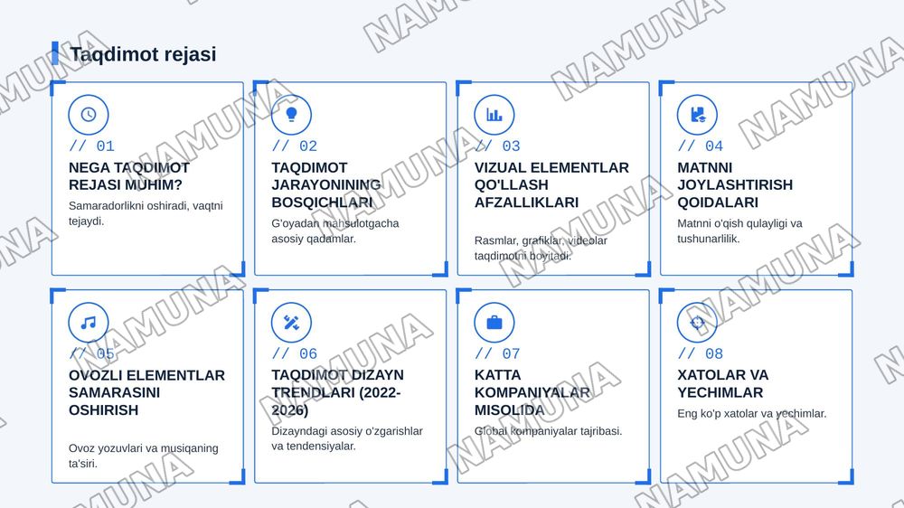 Taqdimotni yaratish rejasi. Maketni tanlash va slaydga 
matn, tasvir, ovoz qoʻshish — zamonaviy taqdimot, 2-slayd