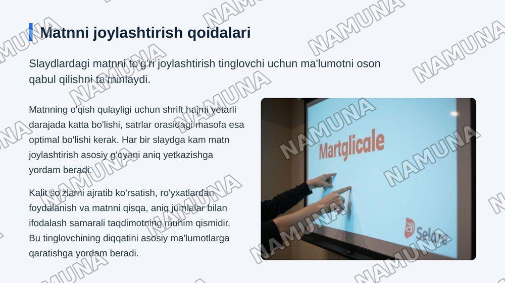 Taqdimotni yaratish rejasi. Maketni tanlash va slaydga 
matn, tasvir, ovoz qoʻshish — zamonaviy taqdimot, 7-slayd