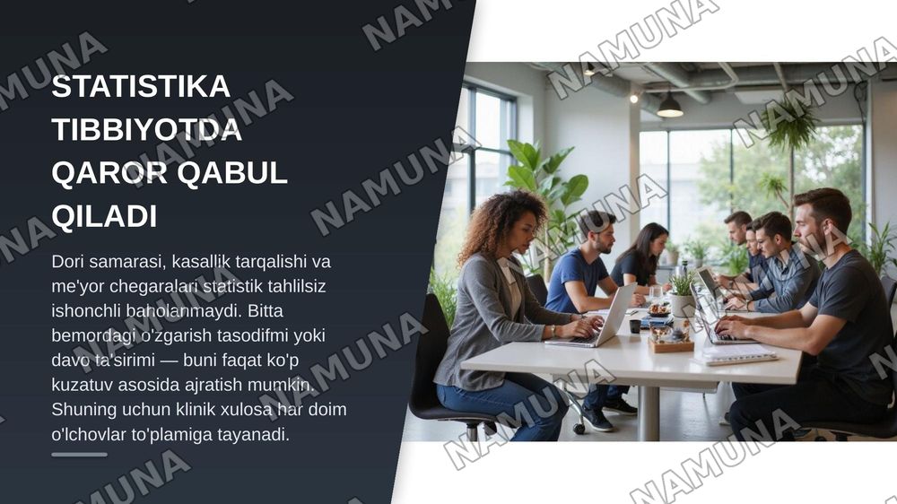 Tibbiy-biologik masala misolida matematik statistika elementlari,
general va tanlov majmualar, tasodifiy kattaliklarning taqsimot
gonunini yoritib berish. — zamonaviy taqdimot, 3-slayd