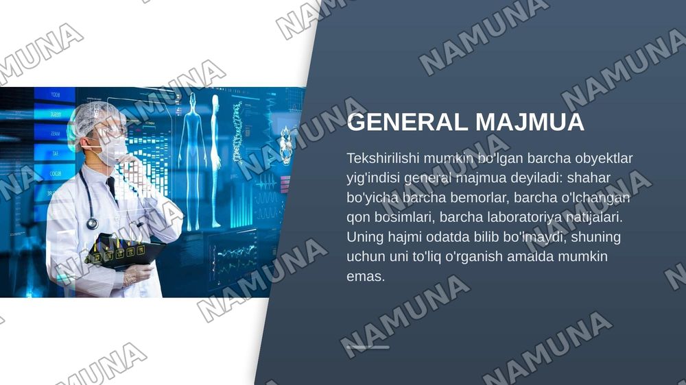Tibbiy-biologik masala misolida matematik statistika elementlari,
general va tanlov majmualar, tasodifiy kattaliklarning taqsimot
gonunini yoritib berish. — zamonaviy taqdimot, 4-slayd
