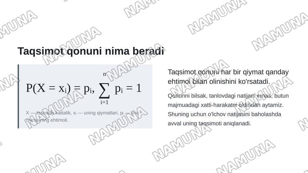 Tibbiy-biologik masala misolida matematik statistika elementlari,
general va tanlov majmualar, tasodifiy kattaliklarning taqsimot
gonunini yoritib berish. — zamonaviy taqdimot, 7-slayd