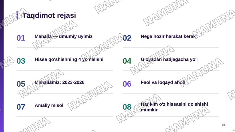 Munosib hissa(mahallamizda boladigan yangiliklarga munosib hissamizni qoshishimiz haqida va qanday ozgartirishlar kiritish haqida) — zamonaviy taqdimot, 2-slayd