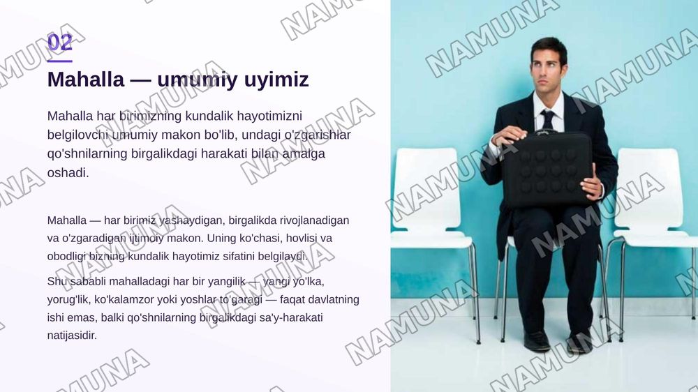 Munosib hissa(mahallamizda boladigan yangiliklarga munosib hissamizni qoshishimiz haqida va qanday ozgartirishlar kiritish haqida) — zamonaviy taqdimot, 3-slayd