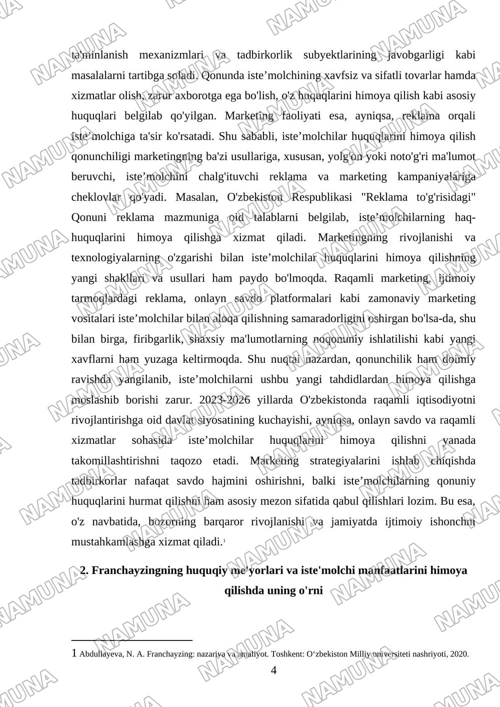Iste’molchilar huquqlarini himoya qilish qonunchiligi va marketing. Franchayzing va savdoning zamonaviy shakllari — mustaqil ish, 4-varaq