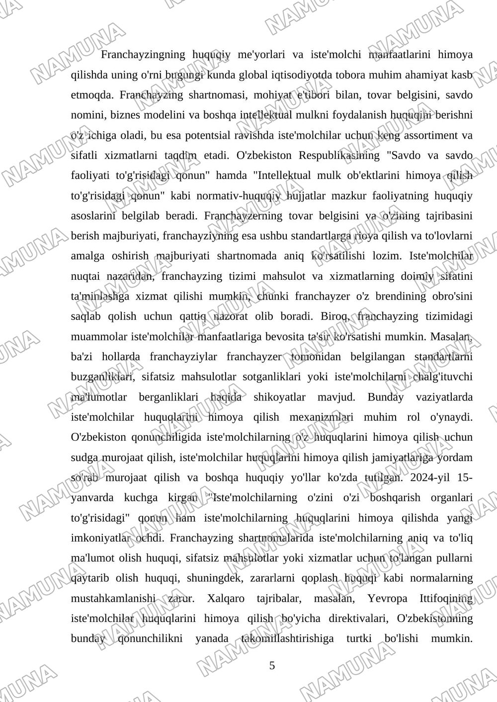 Iste’molchilar huquqlarini himoya qilish qonunchiligi va marketing. Franchayzing va savdoning zamonaviy shakllari — mustaqil ish, 5-varaq