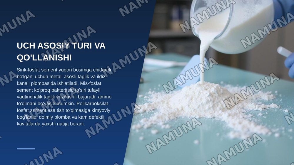 Ajraruvchi va davolovchi tagliklar.Phoshpat sement asosli plomba ashyolari.Turlari, tarkibi,xususiyatlari — zamonaviy taqdimot, 5-slayd