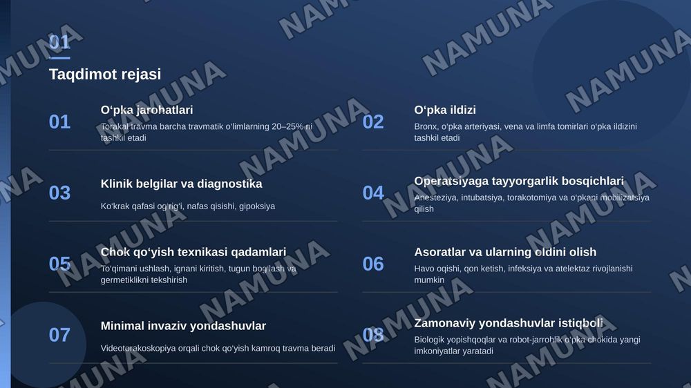 O‘pka, o‘pka ildizi va havo o‘tkazuvchi yo‘llarning klinik anatomiyasi
O‘pka jarohatiga chok qo‘yish — zamonaviy taqdimot, 2-slayd
