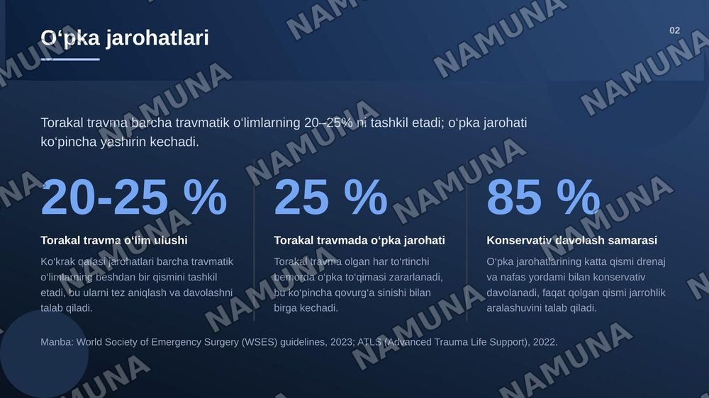 O‘pka, o‘pka ildizi va havo o‘tkazuvchi yo‘llarning klinik anatomiyasi
O‘pka jarohatiga chok qo‘yish — zamonaviy taqdimot, 3-slayd