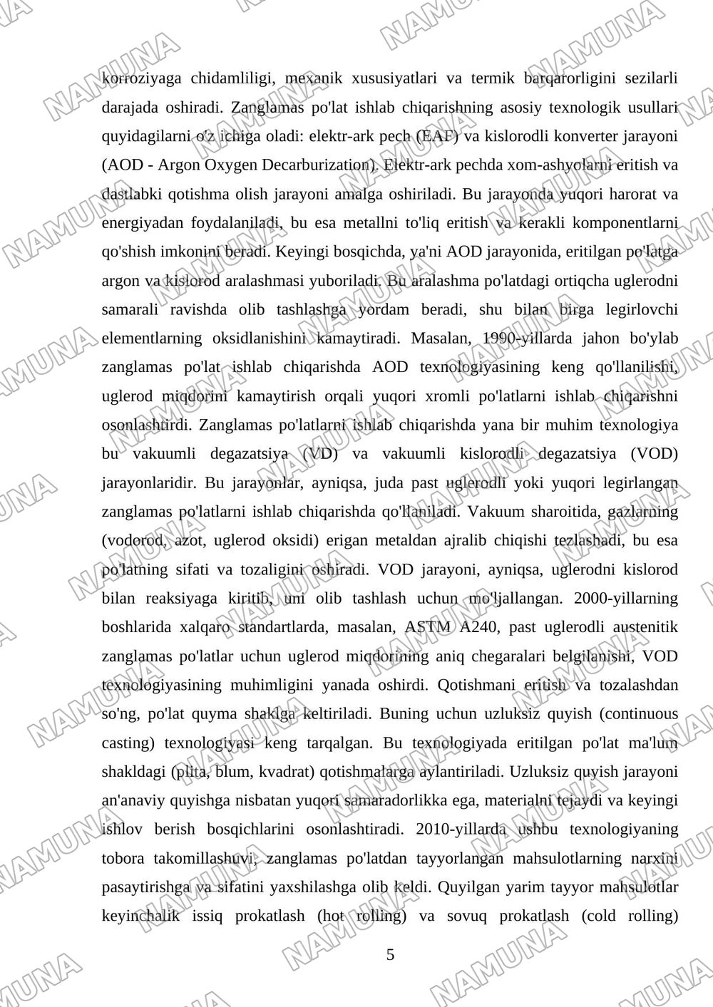 Zanglamas po'latlar (ishlab chiqarish misolida) — mustaqil ish, 5-varaq
