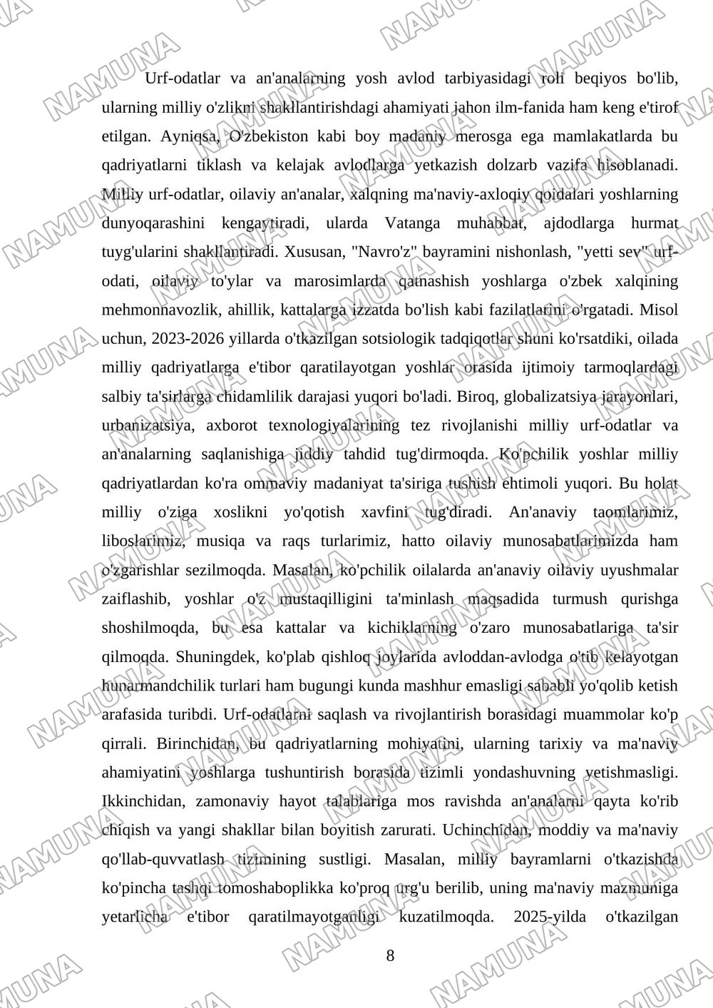 Milliy urf odatlar qadriyatlar va an'analarning tiklanishi — mustaqil ish, 8-varaq
