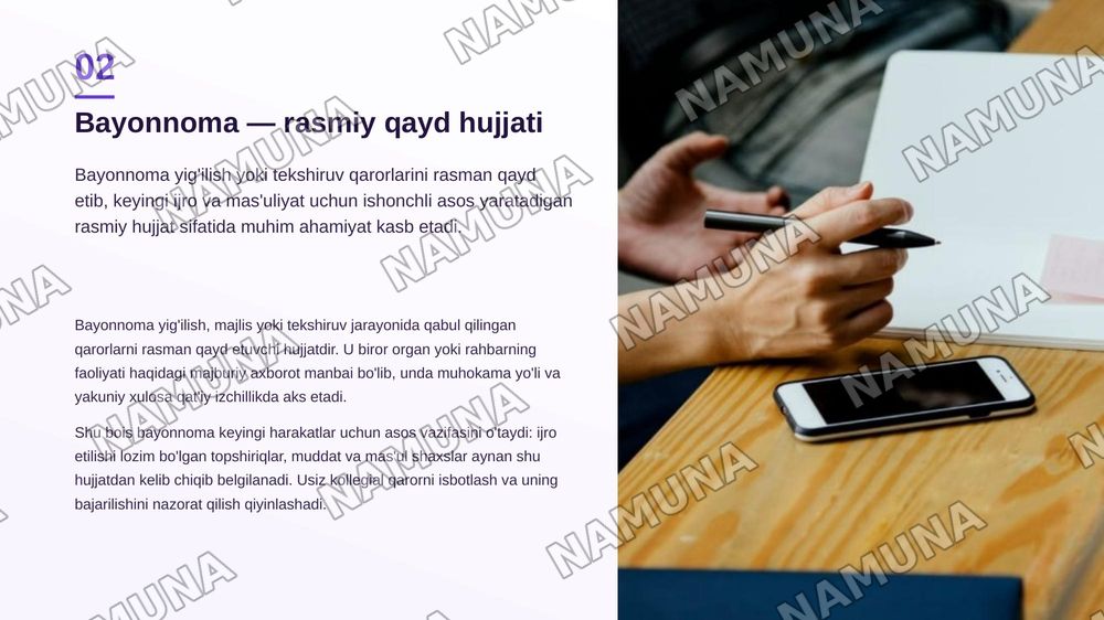 Bayonnoma haqida malumot
Bayonnomaning oziga xos hususiyatlari
Bayonnomadan koʻchirmaning yozilish tartibi — zamonaviy taqdimot, 3-slayd