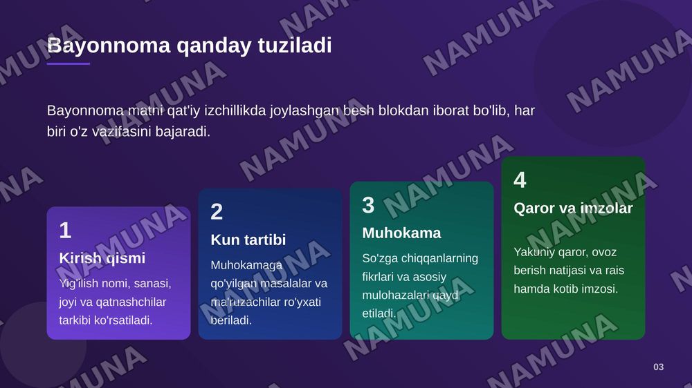 Bayonnoma haqida malumot
Bayonnomaning oziga xos hususiyatlari
Bayonnomadan koʻchirmaning yozilish tartibi — zamonaviy taqdimot, 4-slayd