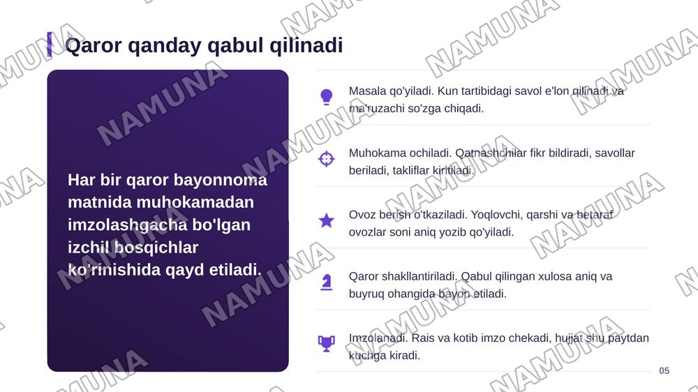 Bayonnoma haqida malumot
Bayonnomaning oziga xos hususiyatlari
Bayonnomadan koʻchirmaning yozilish tartibi — zamonaviy taqdimot, 6-slayd