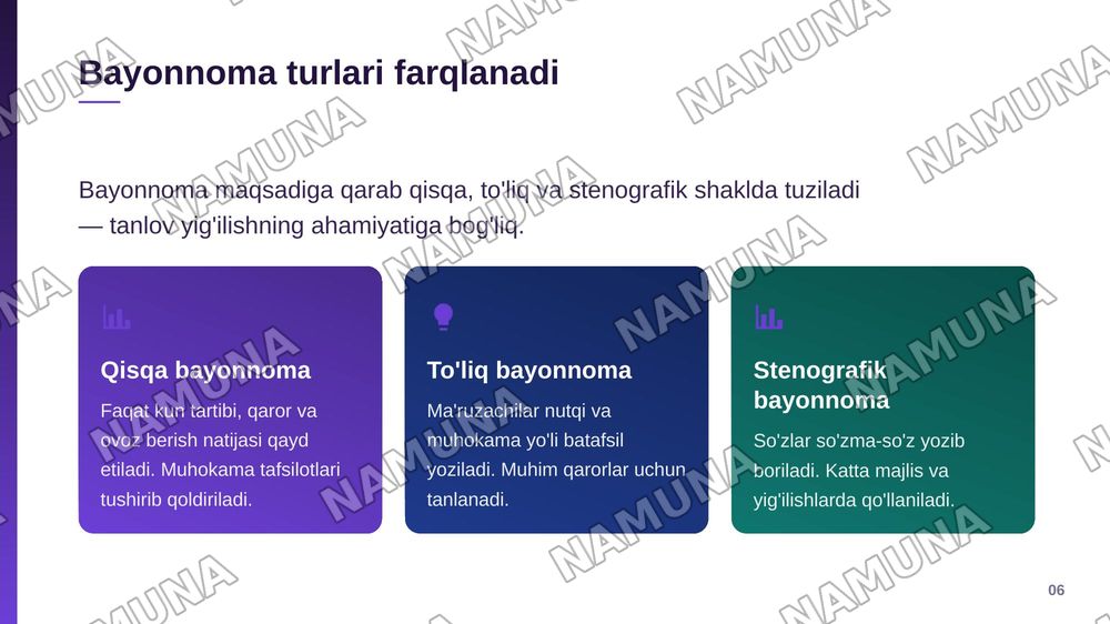 Bayonnoma haqida malumot
Bayonnomaning oziga xos hususiyatlari
Bayonnomadan koʻchirmaning yozilish tartibi — zamonaviy taqdimot, 7-slayd