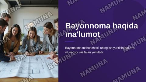 Bayonnoma haqida malumot
Bayonnomaning oziga xos hususiyatlari
Bayonnomadan koʻchirmaning yozilish tartibi — zamonaviy taqdimot