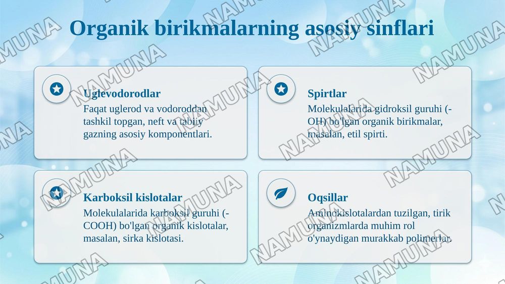 Kimyoviy birikmalarning eng muhim sinflari. Olinishi, xossalari,  
ishlatilishi. — taqdimot, 6-slayd