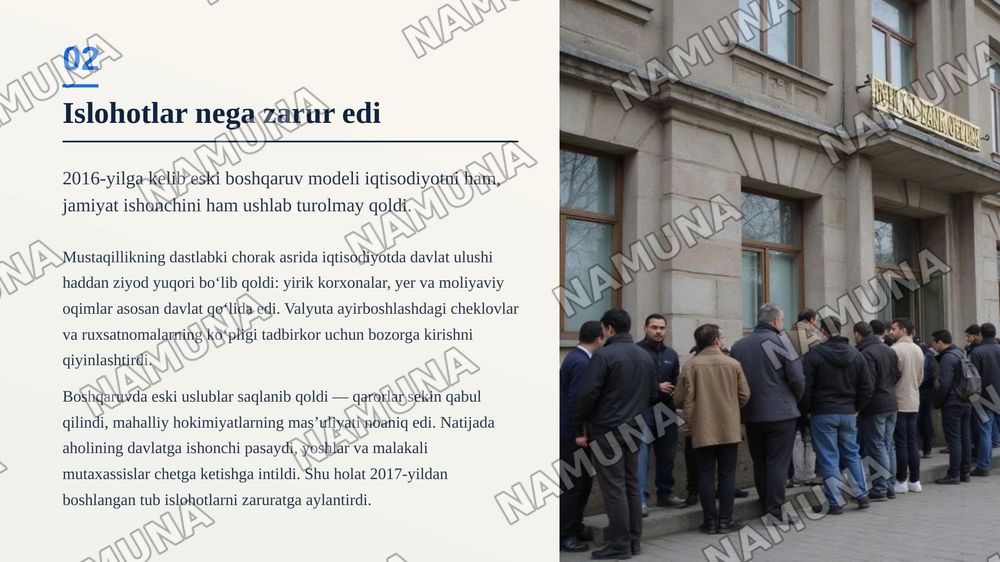 Yangi Oʻzbekistonda prezident Sh.M.Mirziyoyev rahbarligi va tashabbusi ostida amalga oshirilayotgan islohotlar — zamonaviy taqdimot, 3-slayd