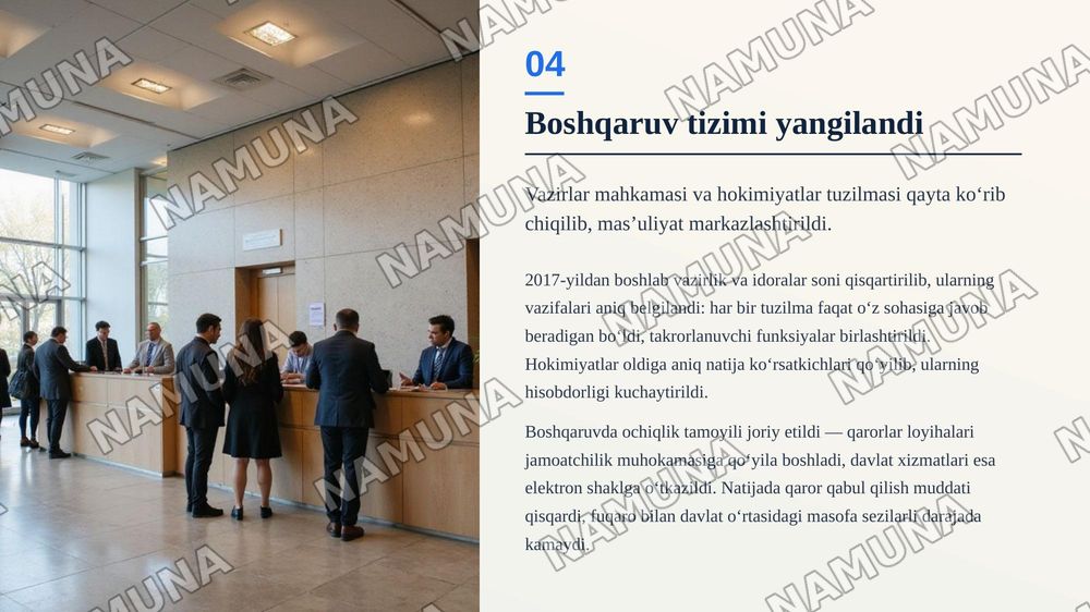 Yangi Oʻzbekistonda prezident Sh.M.Mirziyoyev rahbarligi va tashabbusi ostida amalga oshirilayotgan islohotlar — zamonaviy taqdimot, 5-slayd