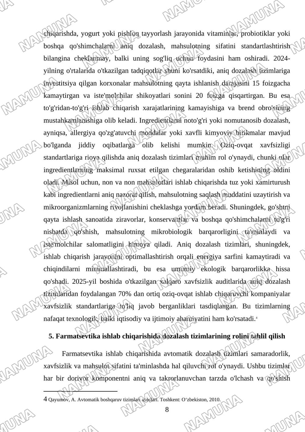 Avtomatik dozalash tizimlari va ularning texnologik jarayonlarni boshqarishdagi ahamiyati — mustaqil ish, 8-varaq