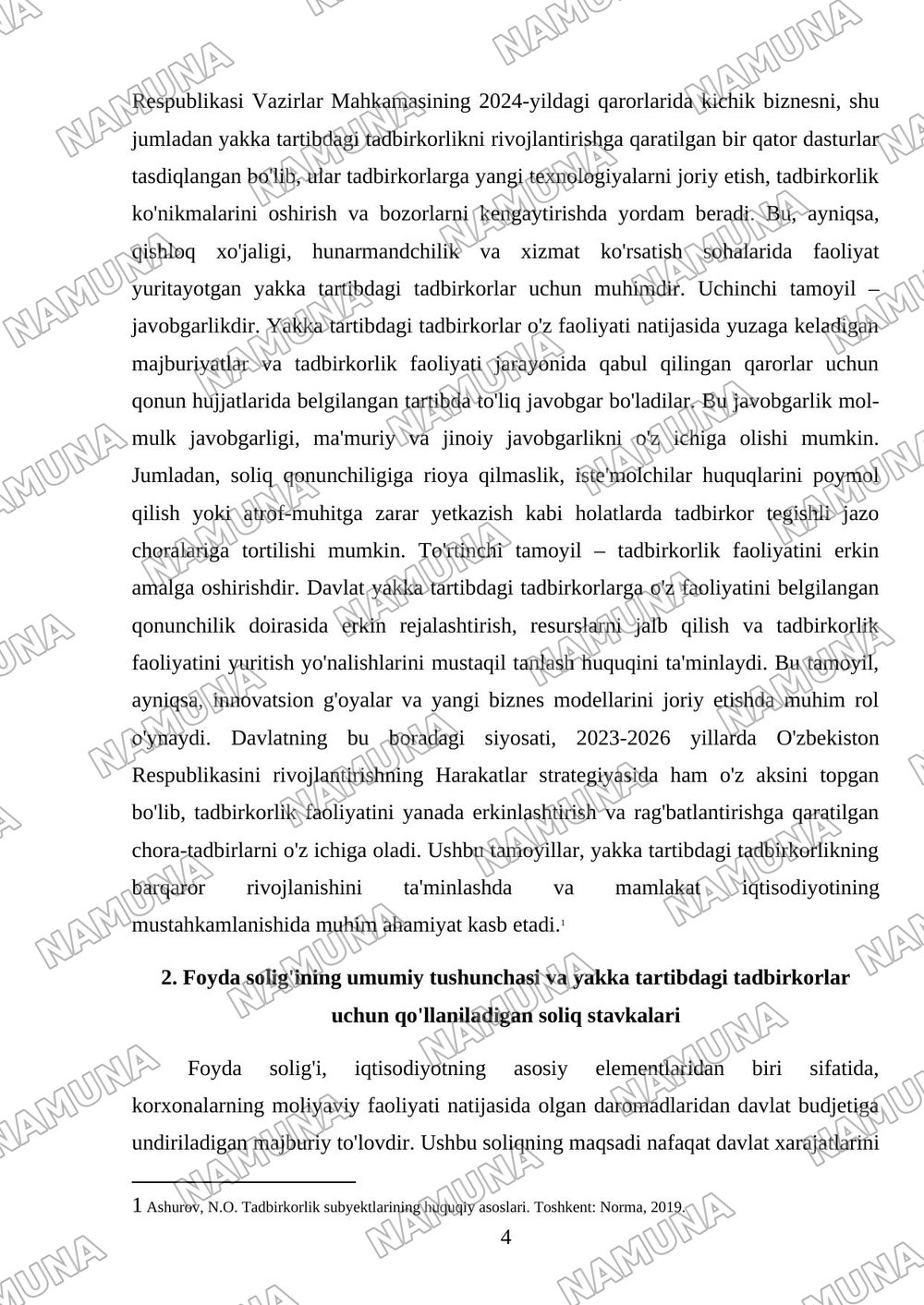 Yakka tartibdagi tadbirkorlarning foydasiga soliq solishning o'ziga xos xususiyatlari — mustaqil ish, 4-varaq
