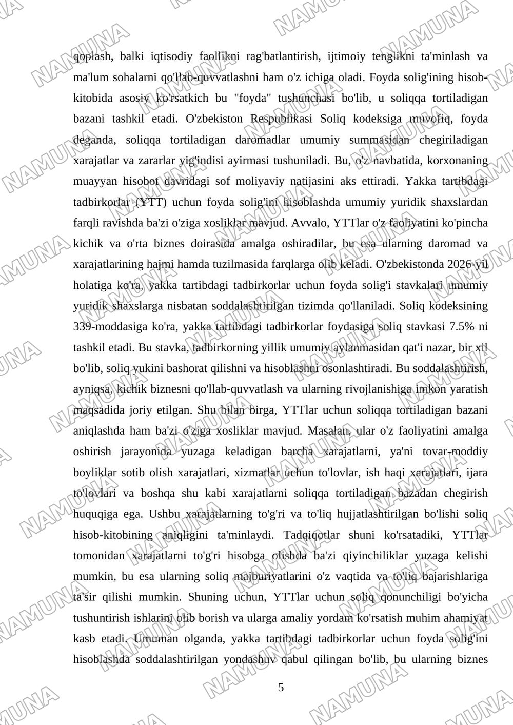 Yakka tartibdagi tadbirkorlarning foydasiga soliq solishning o'ziga xos xususiyatlari — mustaqil ish, 5-varaq