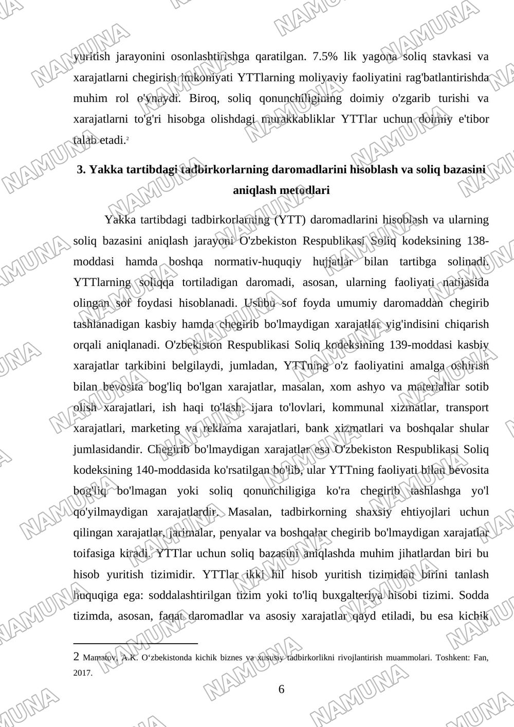 Yakka tartibdagi tadbirkorlarning foydasiga soliq solishning o'ziga xos xususiyatlari — mustaqil ish, 6-varaq