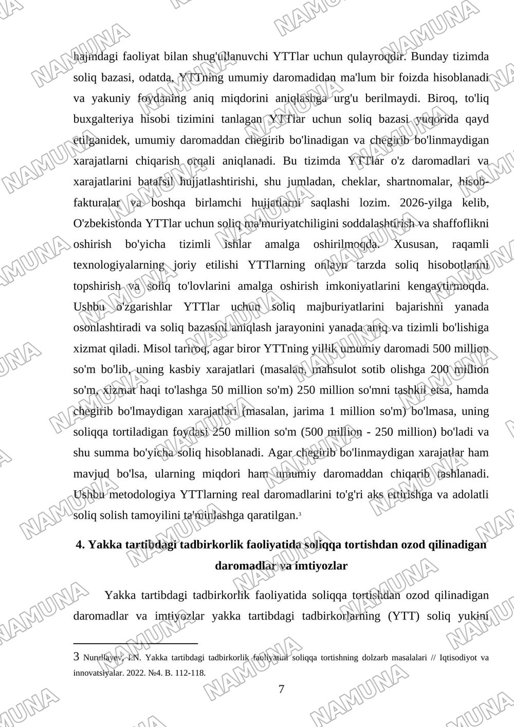 Yakka tartibdagi tadbirkorlarning foydasiga soliq solishning o'ziga xos xususiyatlari — mustaqil ish, 7-varaq