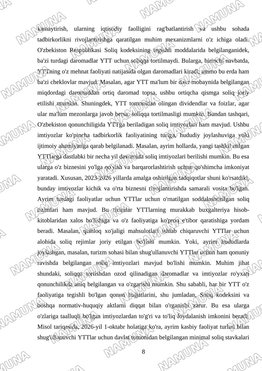 Yakka tartibdagi tadbirkorlarning foydasiga soliq solishning o'ziga xos xususiyatlari — mustaqil ish, 8-varaq