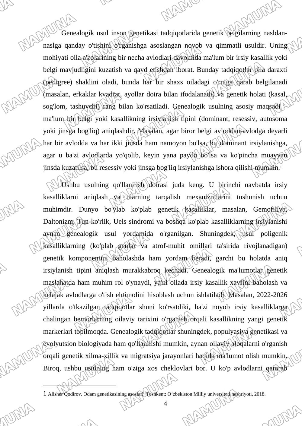 Odam genetikasining o'rganish usullari: genealogik, va egizaklar usuli, populyasion statistic. Genetik usullar — mustaqil ish, 4-varaq
