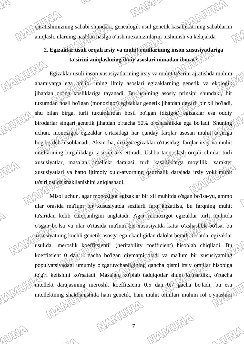 Odam genetikasining o'rganish usullari: genealogik, va egizaklar usuli, populyasion statistic. Genetik usullar — mustaqil ish, 7-varaq