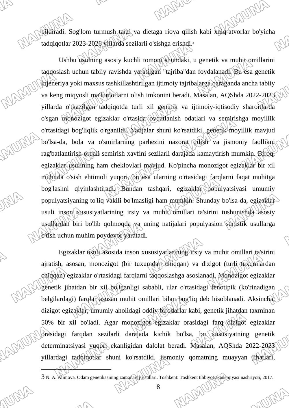 Odam genetikasining o'rganish usullari: genealogik, va egizaklar usuli, populyasion statistic. Genetik usullar — mustaqil ish, 8-varaq