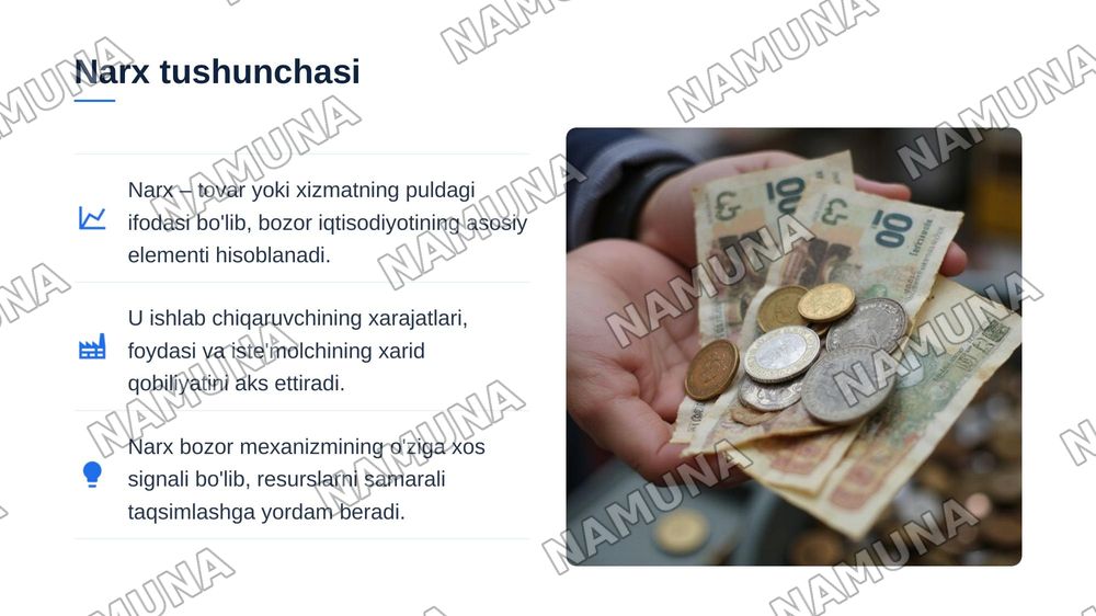 Narxning mohiyati va asosiy vazifalari — zamonaviy taqdimot, 3-slayd