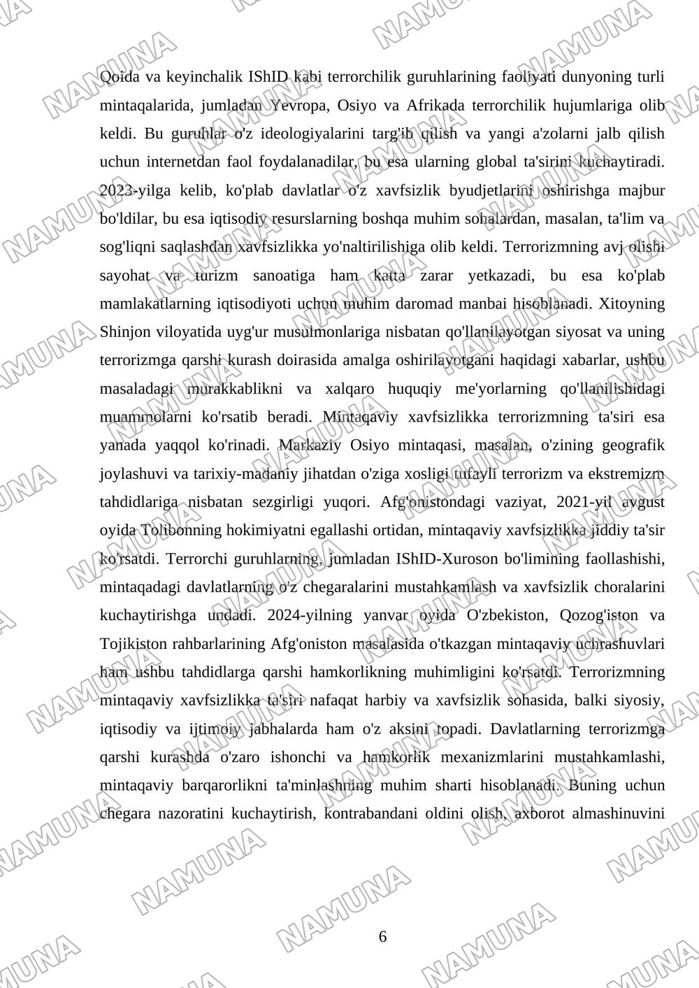 Terrorizm tushunchasi shakillari,sabablari va uning qarshi kurashish mexanizmlari — mustaqil ish, 6-varaq
