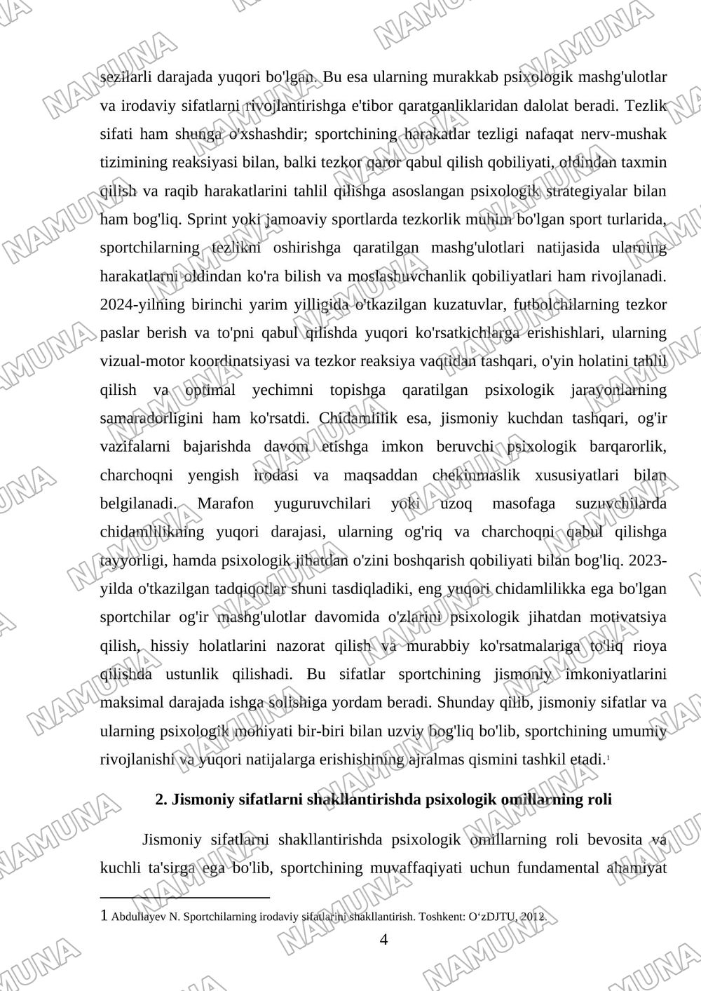 Sportchi jismoniy sifatlarining psixologik tavsifi. — mustaqil ish, 4-varaq