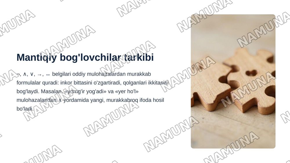 Mantiqiy bog'lovchilar, qismiy formula, isbotlanuvchi formula tushunchalarni o'rganib, mulohazalar hisobining aksiomalari sistemasi asosida bir nechta formulani isbotlash va taqdimot tayyorlash — zamonaviy taqdimot, 4-slayd