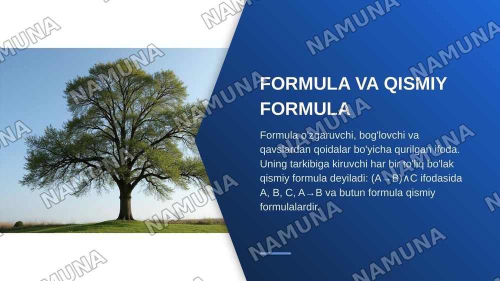Mantiqiy bog'lovchilar, qismiy formula, isbotlanuvchi formula tushunchalarni o'rganib, mulohazalar hisobining aksiomalari sistemasi asosida bir nechta formulani isbotlash va taqdimot tayyorlash — zamonaviy taqdimot, 5-slayd